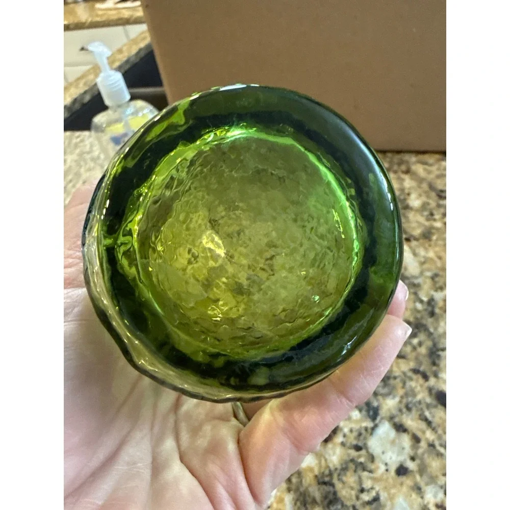Vintage MCM Olive Green Bark Textured Glass Vase 6.5 Inch Retro Crinkle Cylinder